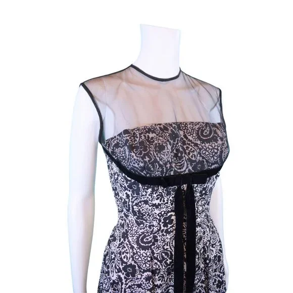 Vintage 50s Black Floral Cocktail Dress Printed Sheer Neckline Velvet Bow W  24